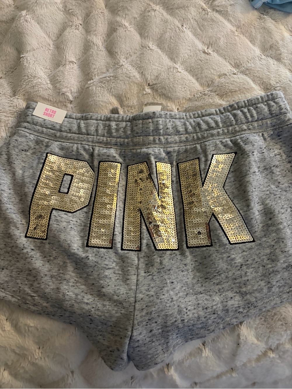PINK Victoria's Secret Grey Shorts with Gold Sequin Logo
